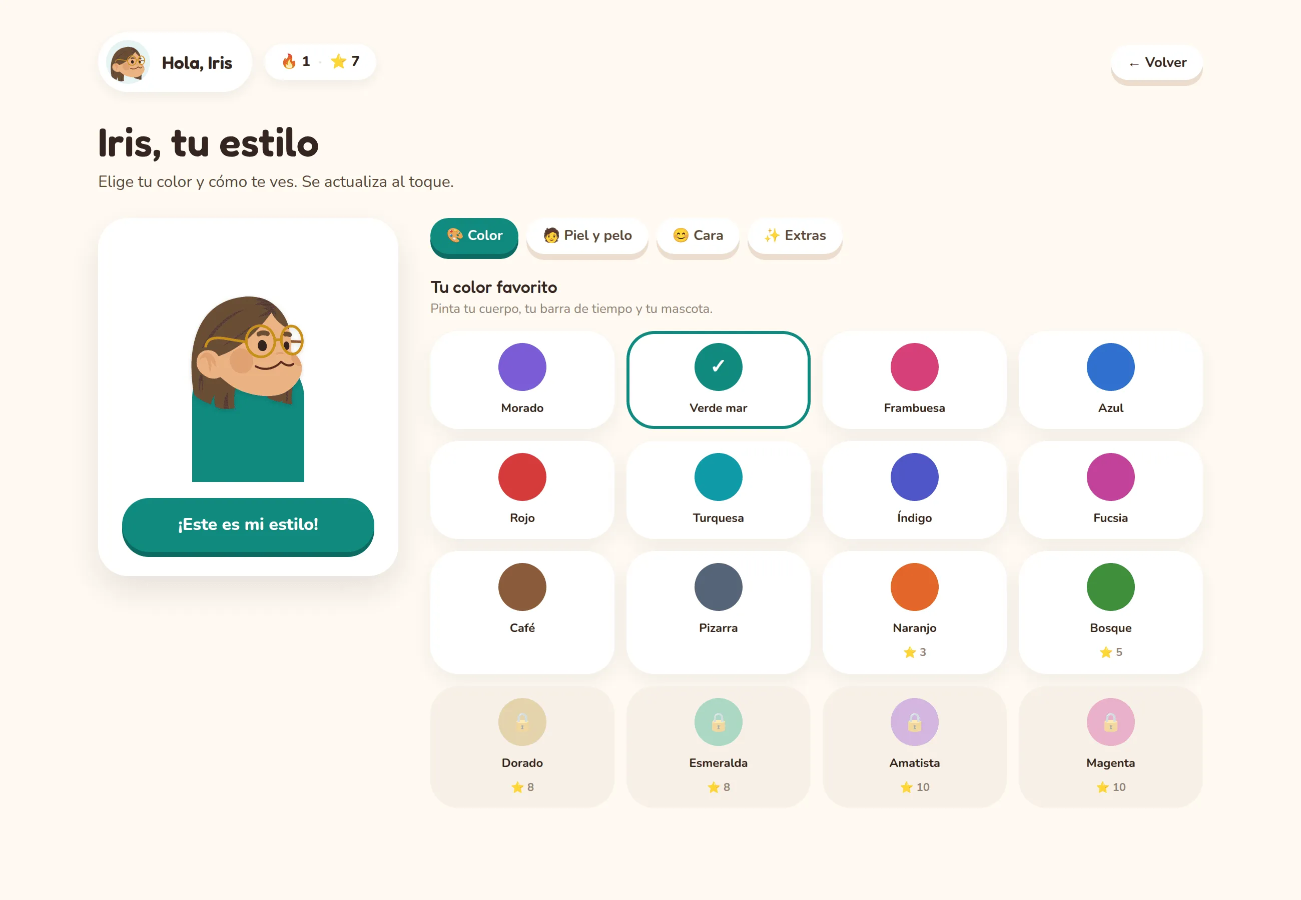 Editor de estilo: el avatar del niño y la grilla de colores favoritos, algunos bloqueados hasta juntar estrellas